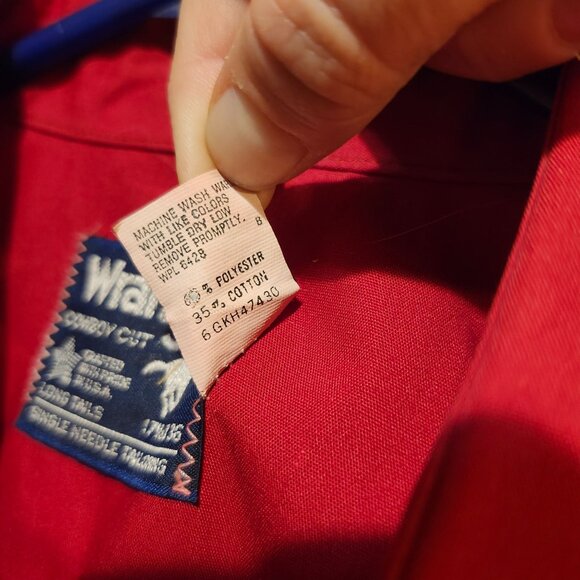 Vintage 80s Wrangler 17.5 X 36 Long Tail Cowboy Cut Red Western Shirt Pearl Snap - Picture 8 of 8